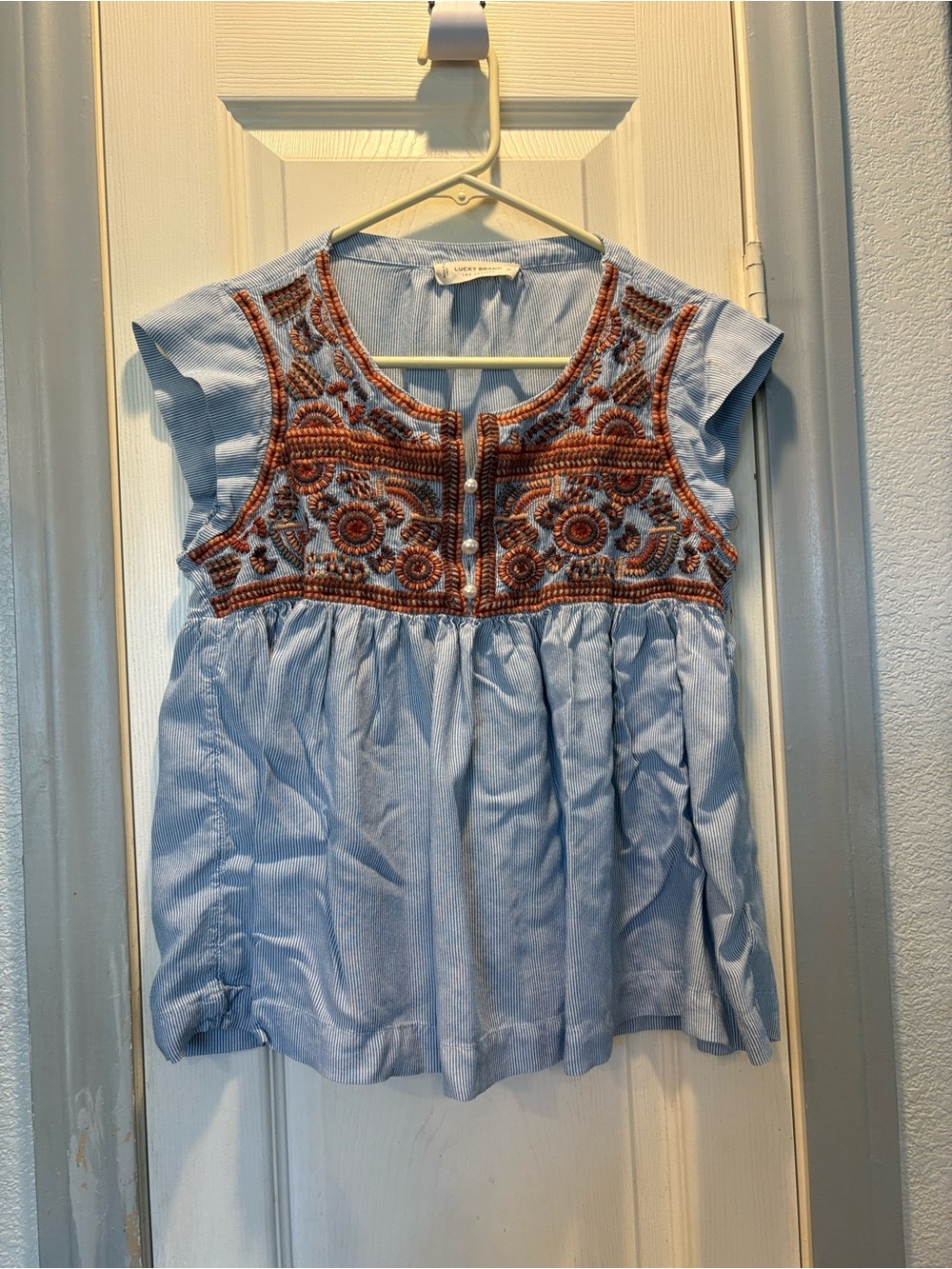 Lucky Brand Light Blue Tunic with Rust Embroidery